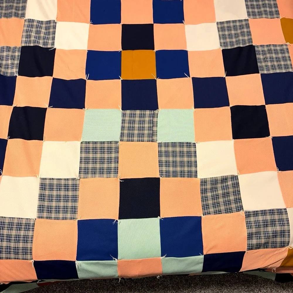 Vintage Patchwork Tie Quilt 72x96 Blue Cabin Cottage Core Granny Chic Handmade